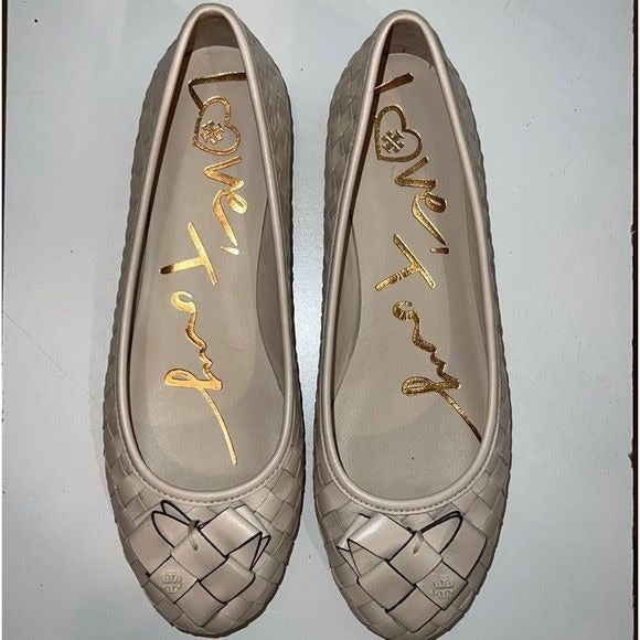 Tory Burch Woven “Love Tory” Flats, size 8 New Cream Color