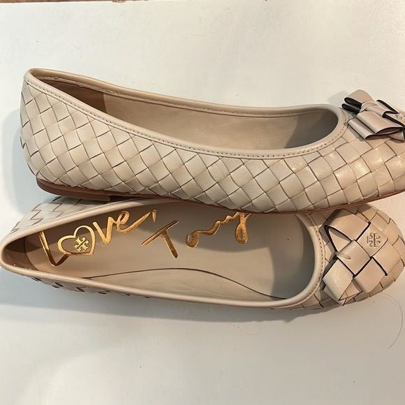 Tory Burch Woven “Love Tory” Flats, size 8 New Cream Color