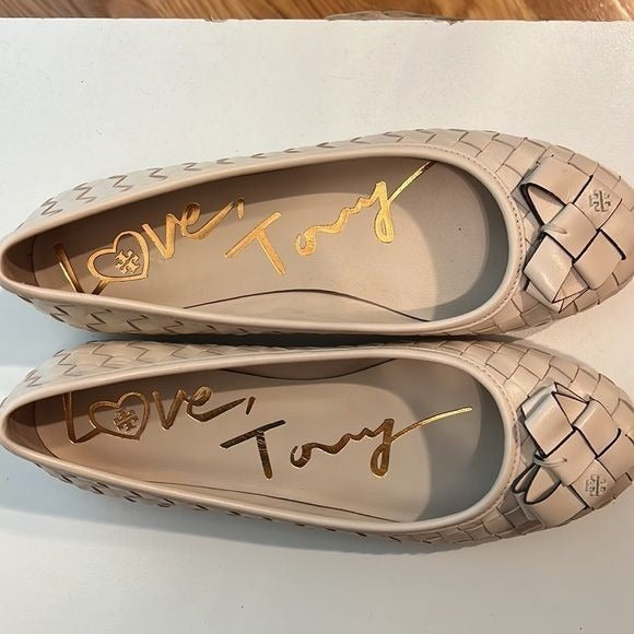 Tory Burch Woven “Love Tory” Flats, size 8 New Cream Color
