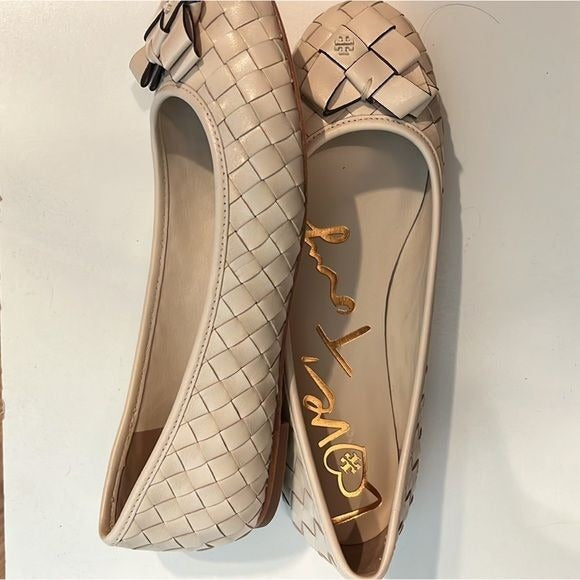 Tory Burch Woven “Love Tory” Flats, size 8 New Cream Color
