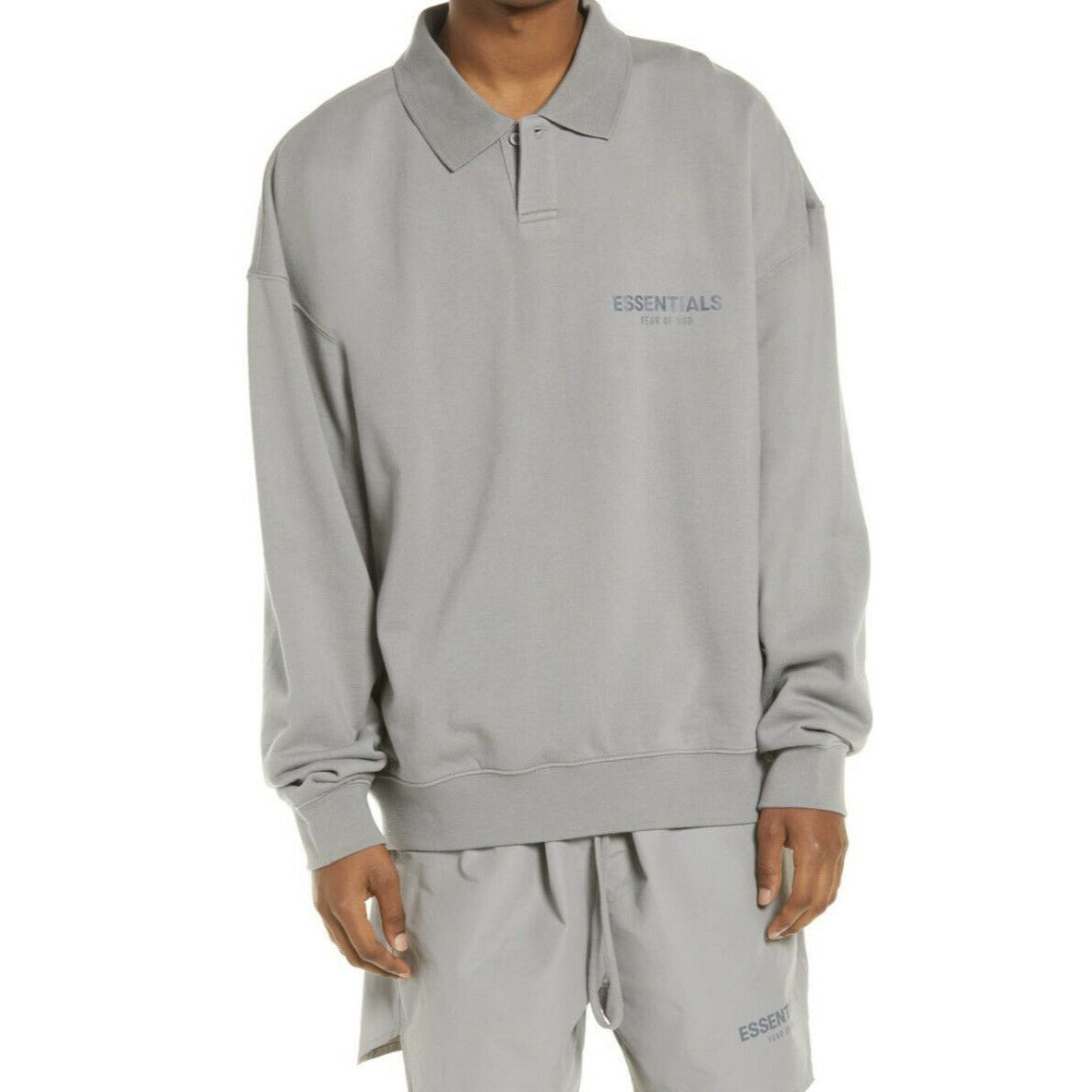 Fear Of God Essentials Logo Long Sleeve French Terry Polo Cement Gray Small